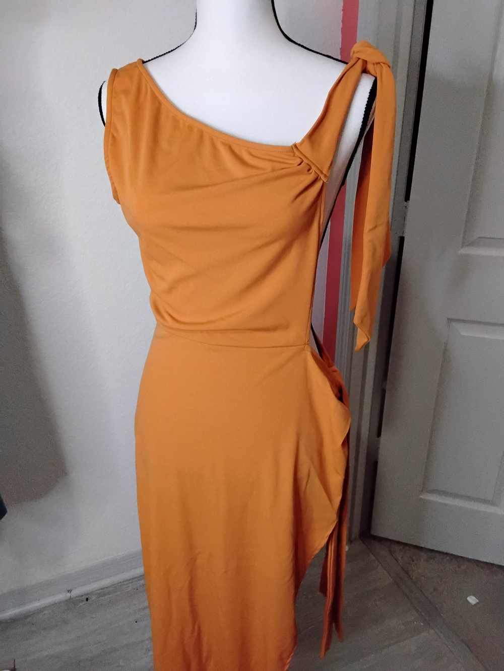 Rebdolls One-Shoulder Tie-Side Midi Dress in Mustard Orange